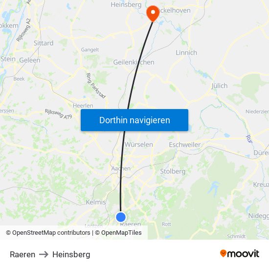 Raeren to Heinsberg map