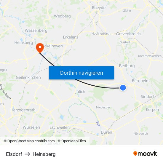 Elsdorf to Heinsberg map