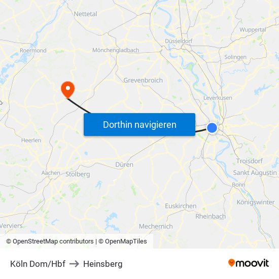 Köln Dom/Hbf to Heinsberg map