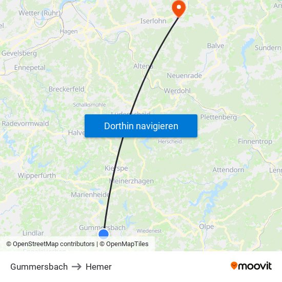 Gummersbach to Hemer map