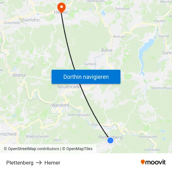 Plettenberg to Hemer map