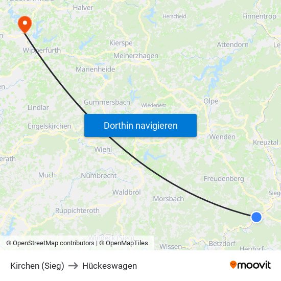 Kirchen (Sieg) to Hückeswagen map
