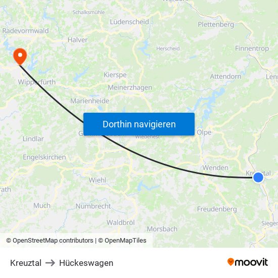 Kreuztal to Hückeswagen map