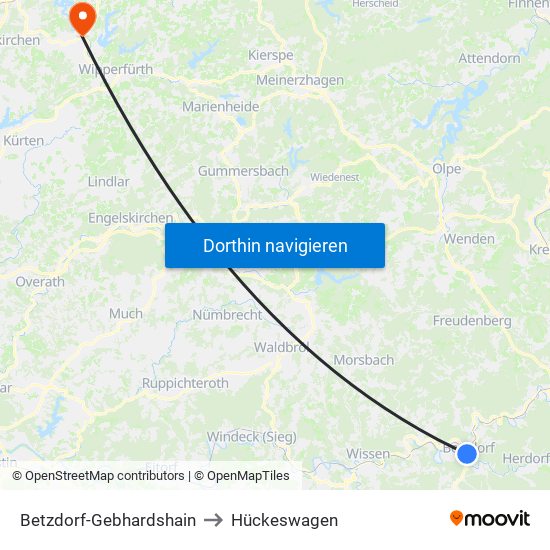Betzdorf-Gebhardshain to Hückeswagen map