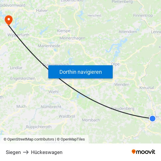 Siegen to Hückeswagen map