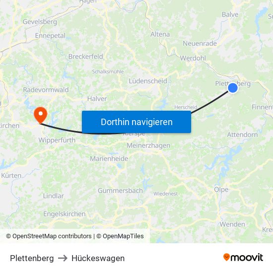 Plettenberg to Hückeswagen map