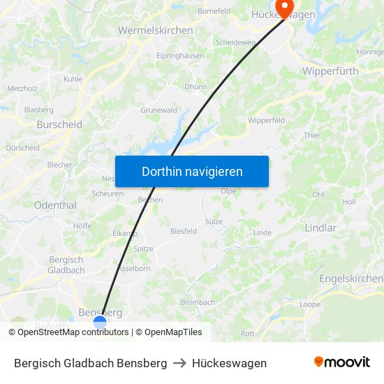 Bergisch Gladbach Bensberg to Hückeswagen map