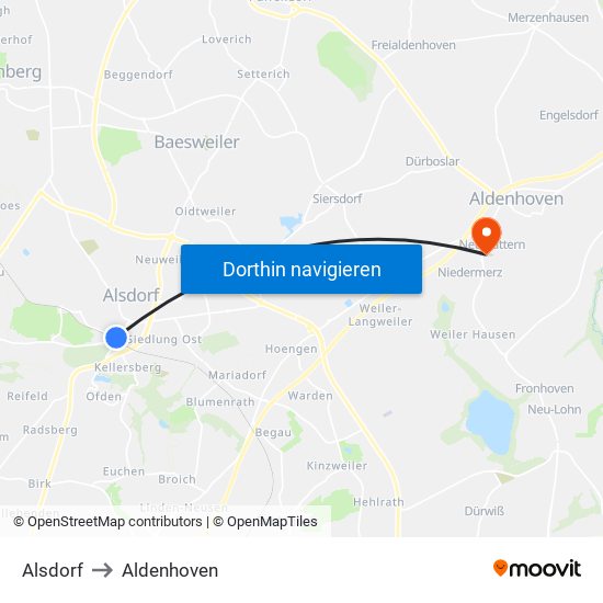 Alsdorf to Aldenhoven map