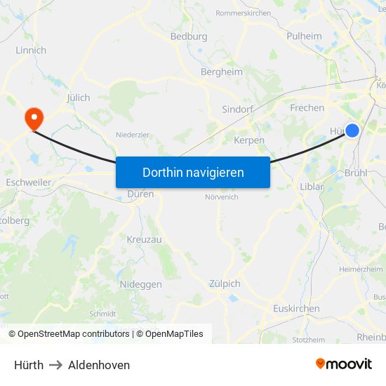 Hürth to Aldenhoven map