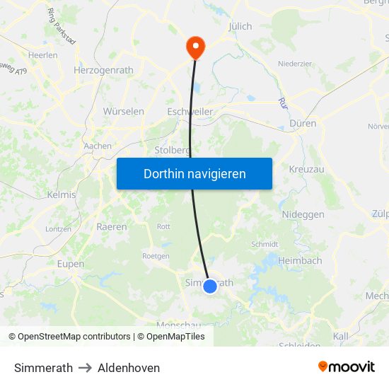 Simmerath to Aldenhoven map