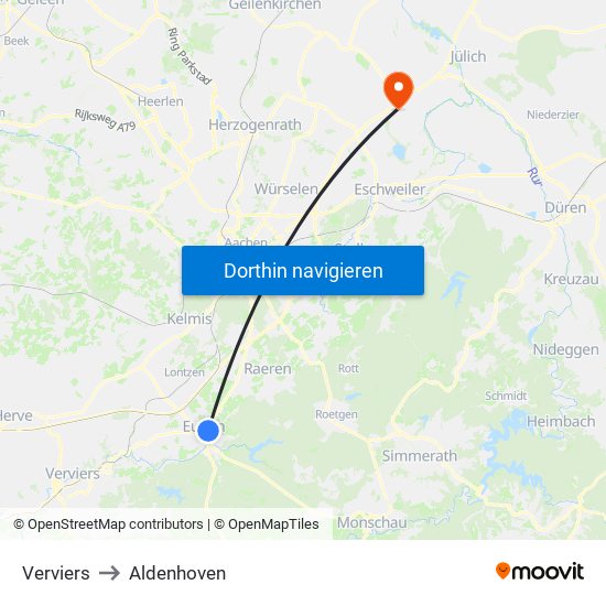 Verviers to Aldenhoven map