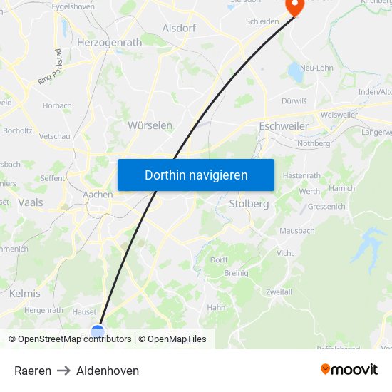 Raeren to Aldenhoven map