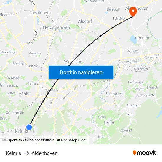 Kelmis to Aldenhoven map