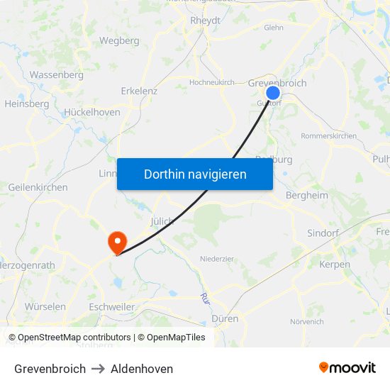 Grevenbroich to Aldenhoven map