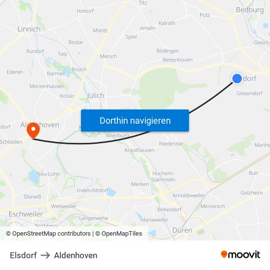 Elsdorf to Aldenhoven map