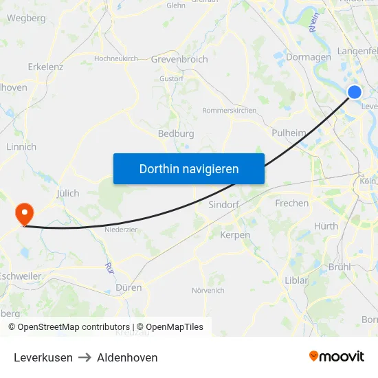 Leverkusen to Aldenhoven map