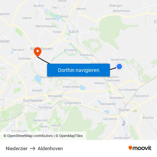 Niederzier to Aldenhoven map