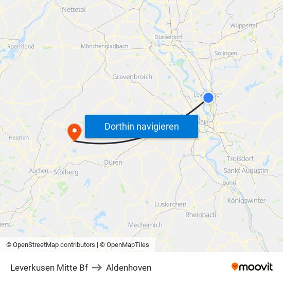 Leverkusen Mitte Bf to Aldenhoven map