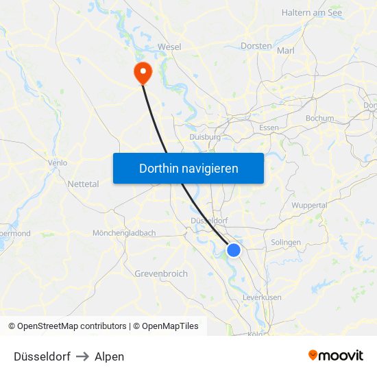 Düsseldorf to Alpen map