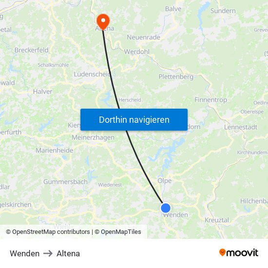 Wenden to Altena map