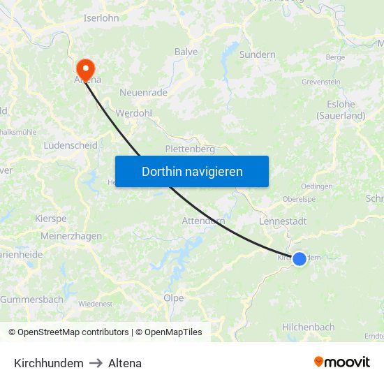 Kirchhundem to Altena map