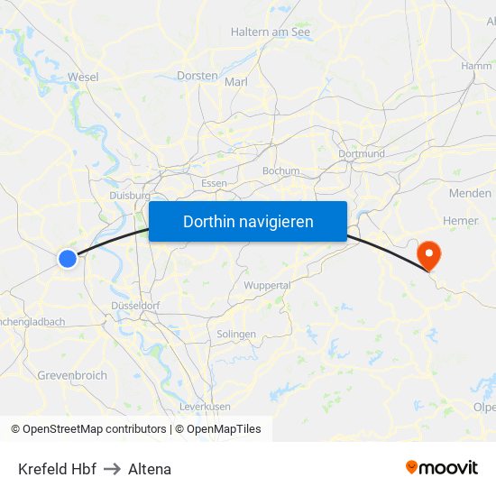 Krefeld Hbf to Altena map