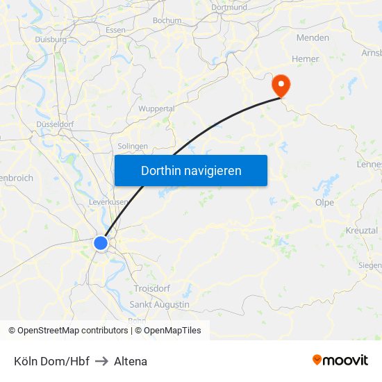 Köln Dom/Hbf to Altena map