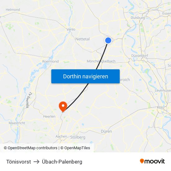 Tönisvorst to Übach-Palenberg map