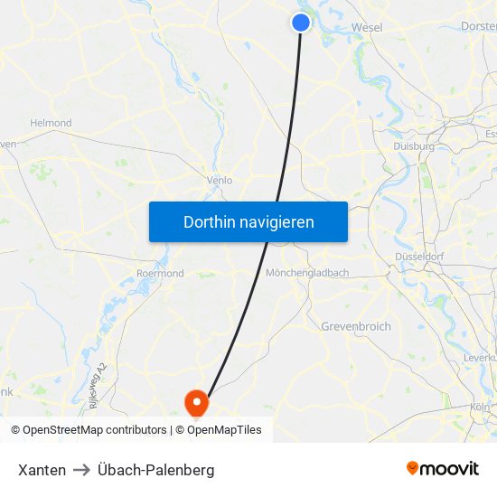 Xanten to Übach-Palenberg map