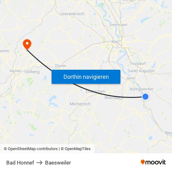 Bad Honnef to Baesweiler map