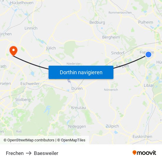 Frechen to Baesweiler map