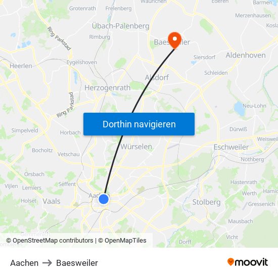 Aachen to Baesweiler map
