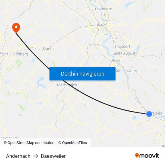 Andernach to Baesweiler map