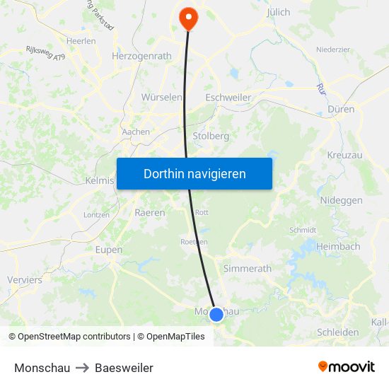 Monschau to Baesweiler map