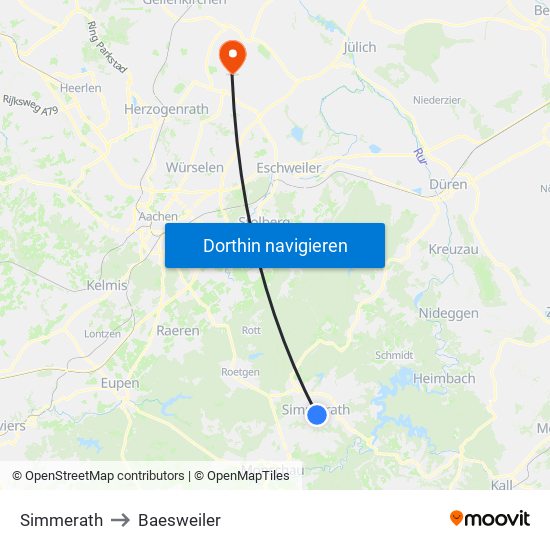 Simmerath to Baesweiler map