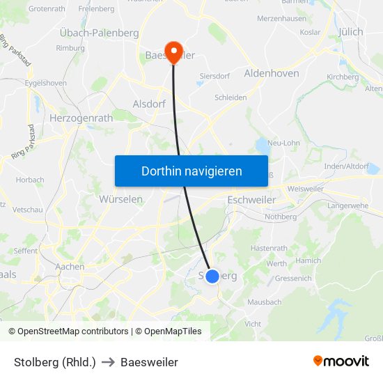 Stolberg (Rhld.) to Baesweiler map