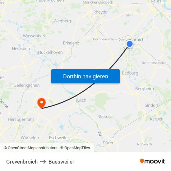 Grevenbroich to Baesweiler map