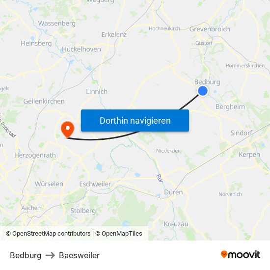 Bedburg to Baesweiler map