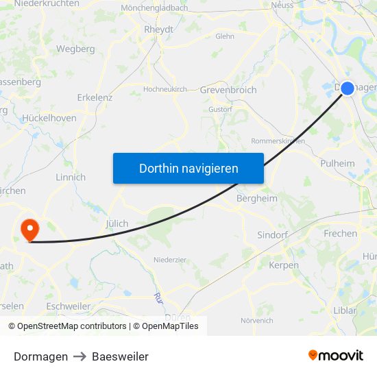 Dormagen to Baesweiler map