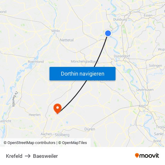 Krefeld to Baesweiler map