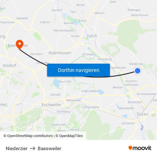 Niederzier to Baesweiler map