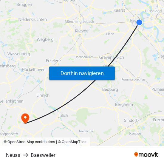 Neuss to Baesweiler map