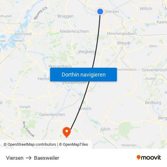 Viersen to Baesweiler map