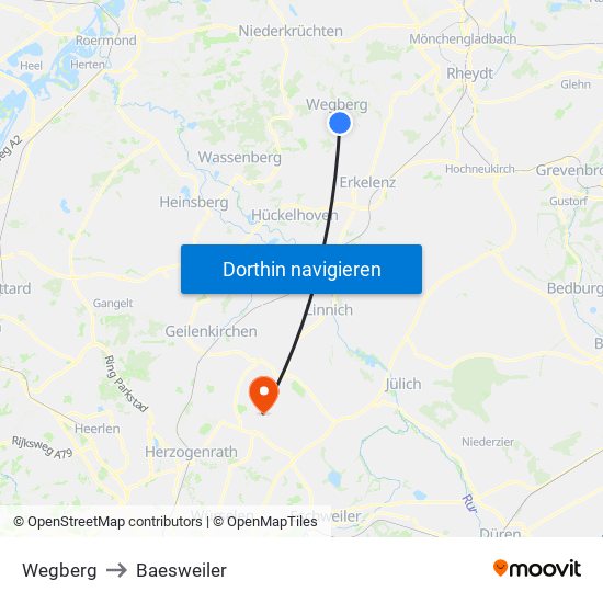 Wegberg to Baesweiler map