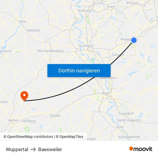 Wuppertal to Baesweiler map