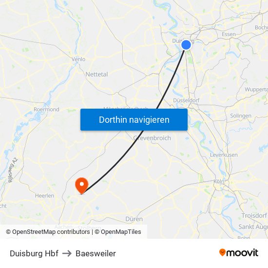 Duisburg Hbf to Baesweiler map