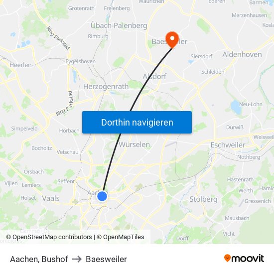 Aachen, Bushof to Baesweiler map