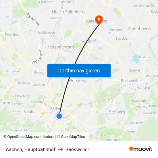 Aachen, Hauptbahnhof to Baesweiler map