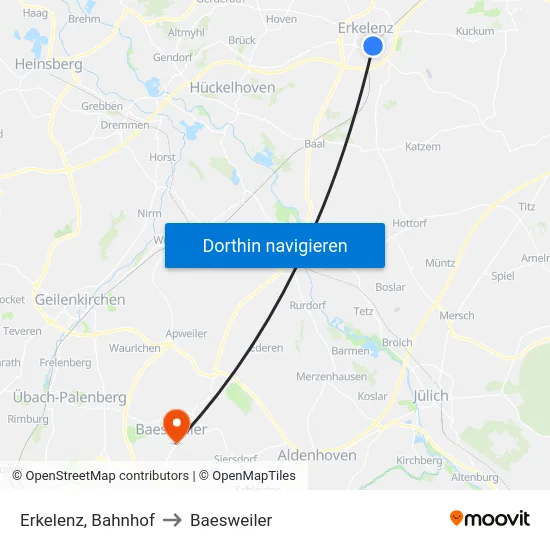 Erkelenz, Bahnhof to Baesweiler map