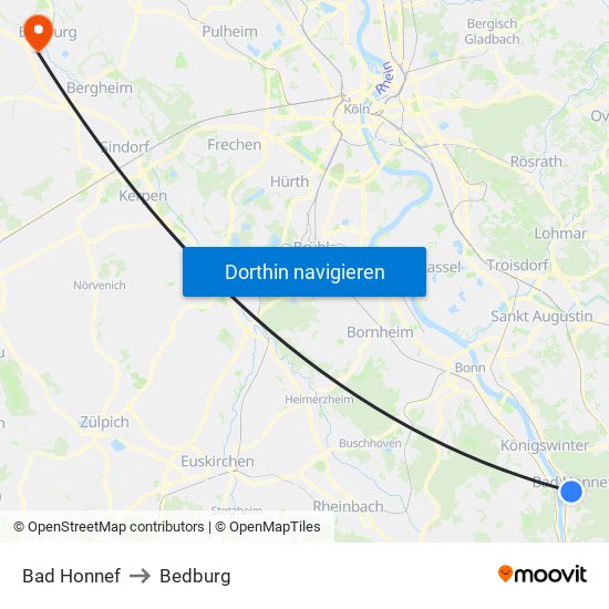 Bad Honnef to Bedburg map